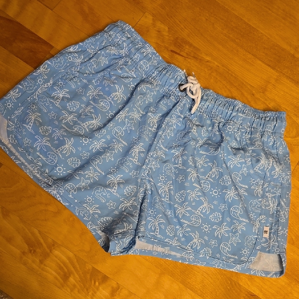 Blue Swim Shorts with White Tropical Print